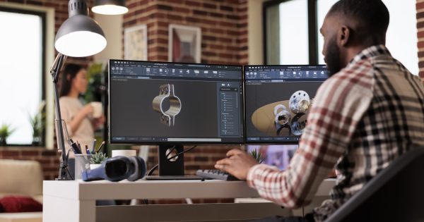 Male developer working with manufacturing software to develop industrial machinery and gears model. Engineering technical machine product on computer, construction industry development.